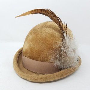 Musketeer hat caramel faux fur bowler with feather/fur‎ accent VTG